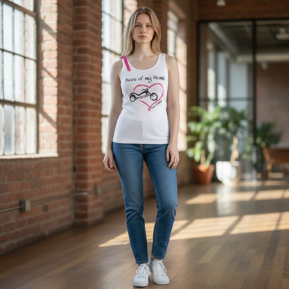 Tru Culture Womens Piece of My Heart Motorcycle Ribbed Tank Top White Pink (137)